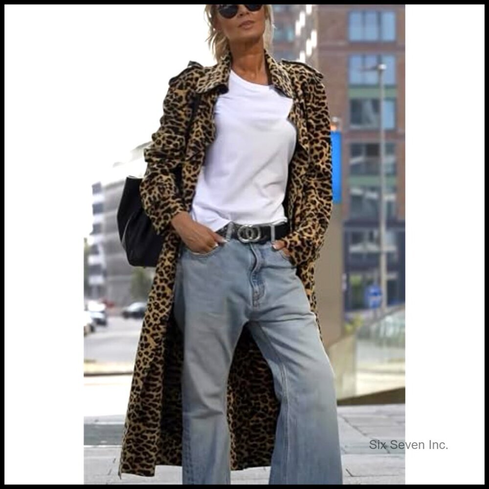 Loose Fit Faux Suede Trench Coat Notch Lapel Leopard Print Mid Calf - Picture 6 of 7